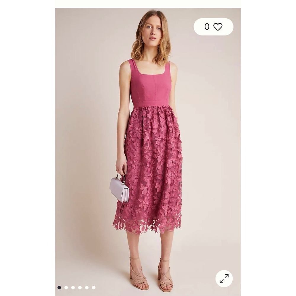 NWT Maeve Anthropologie Virginia Textured Midi Dress Pink Floral Lace Size 14